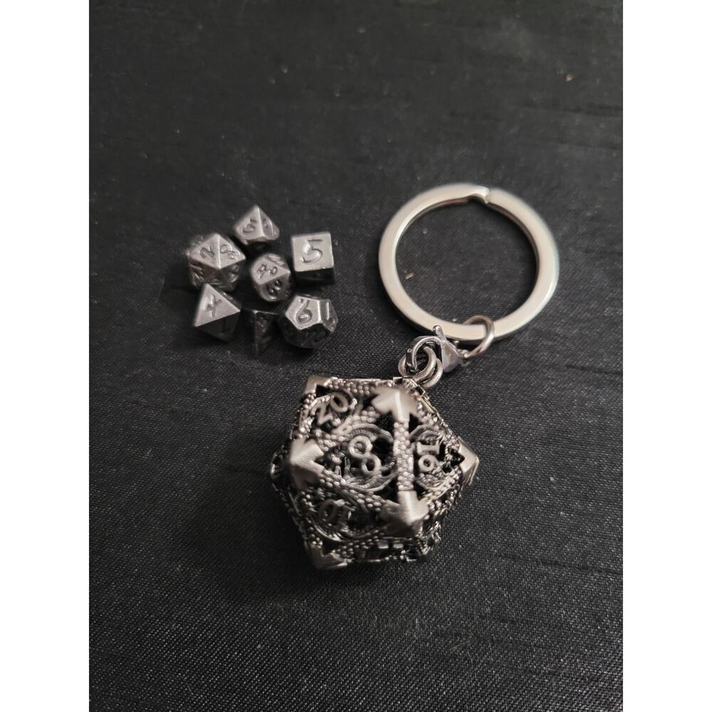 Mini DND silver gamer keychain dice set, 6mm set of 7 polyhedral dice in D20